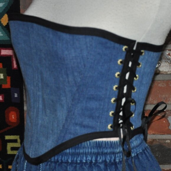 NEW Reversible Lace-up, Bustier Corset, Sunflowers Apples & Denim Upcycled   M - Picture 3 of 9